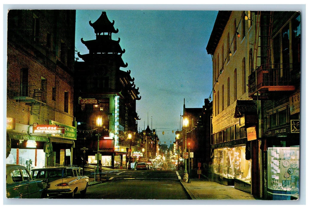1963 Chinatown At Night Classic Cars Street Light San Francisco CA Postcard
