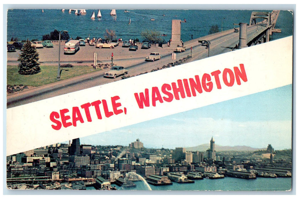 1955 Seattle Washington Harbor Ferry Docking Sailboat Classic Cars WA Postcard