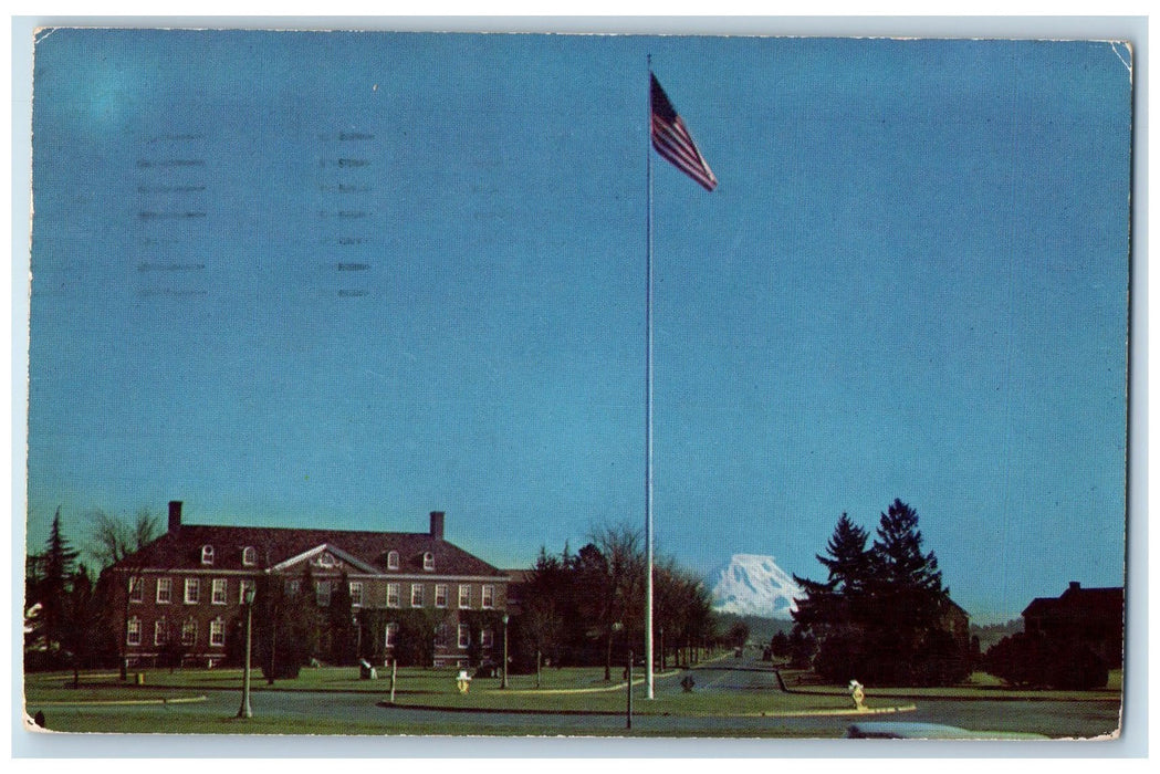 1953 Headquarters Building Mt Rainier American Flag Lewis Washington WA Postcard