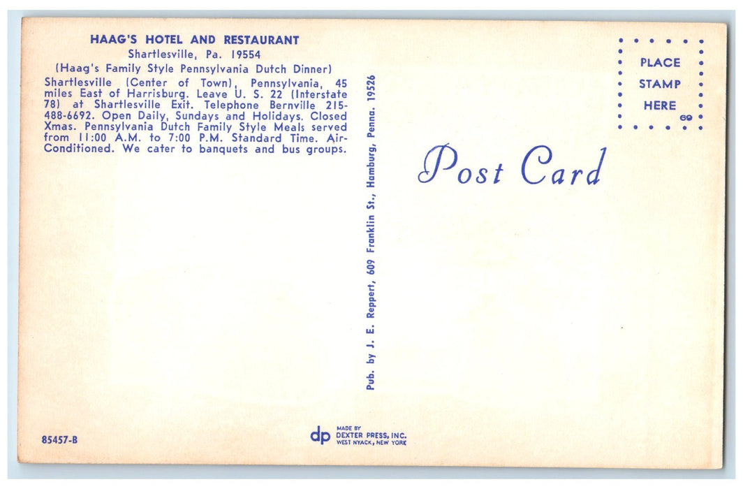 c1960's Haag's Hotel And Restaurant Food Shartlesville Pennsylvania PA Postcard