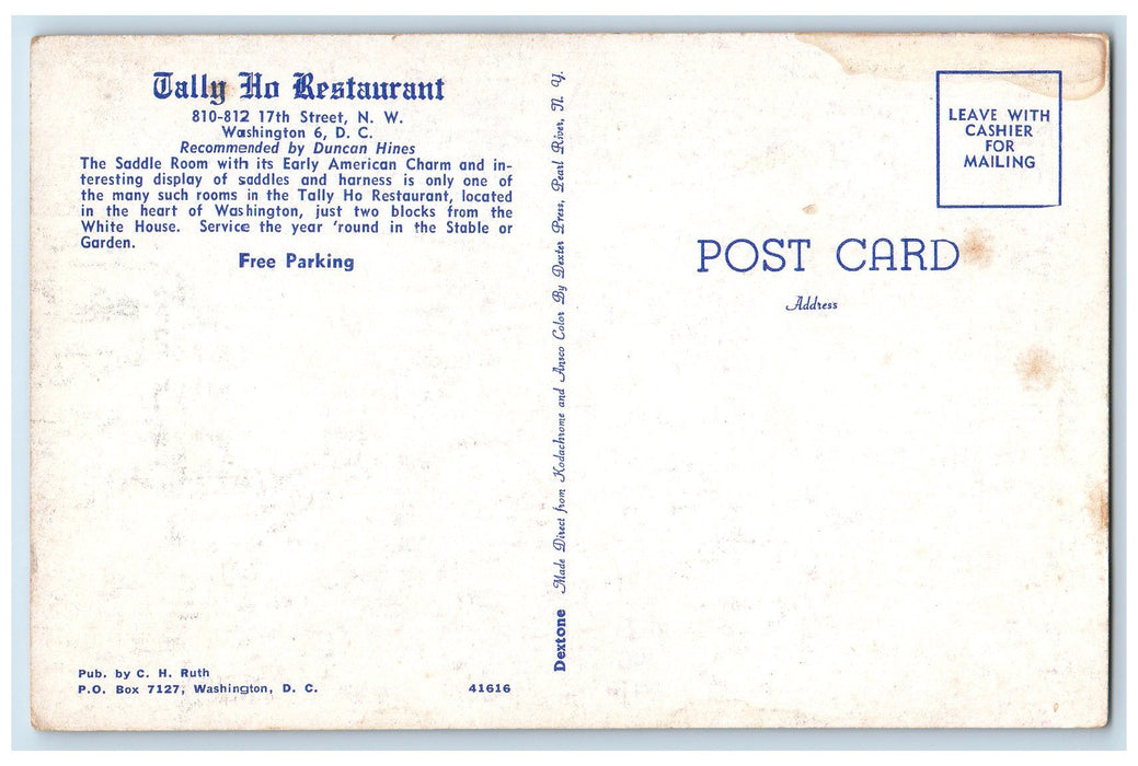 c1960s Tally Ho Restaurant Interior Scene Washington DC Unposted Dining Postcard