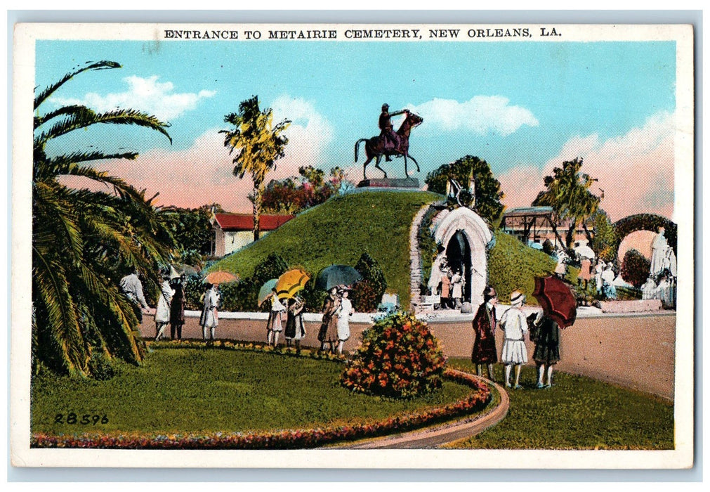 c1950 Entrance To Metairie Cemetery Statue Land Scape New Orleans LA Postcard