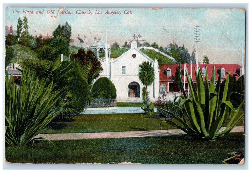 c1950 The Plaza Old Mission Church View Entrance Path Los Angeles CA Postcard