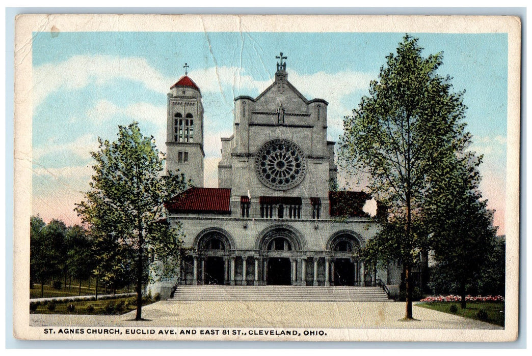 c1920's St. Agnes Church View 3 Doors Entrance Cross Cleveland Ohio OH Postcard