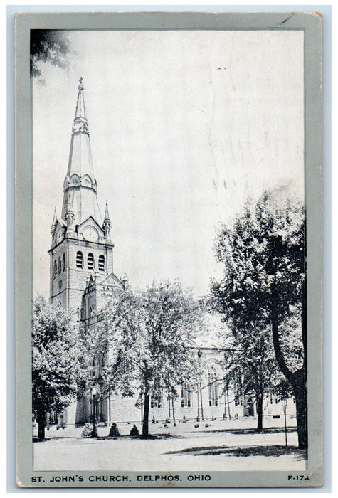 1943 St. John's Church Clock Cross Tower Lined Trees Delphos Ohio OH Postcard