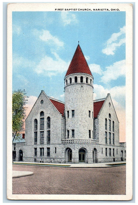 c1950 First Baptist Church Front View Roadside Marietta Ohio OH Vintage Postcard