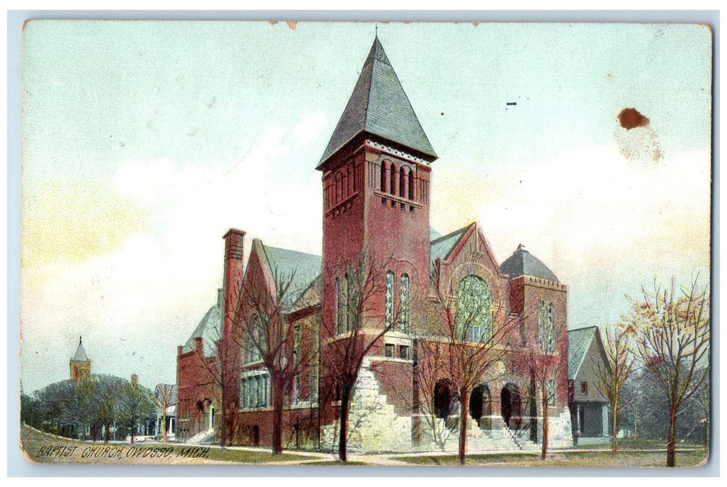 c1950 Baptist Church View Dirt Road Entrance Trees Owosso Michigan MI Postcard