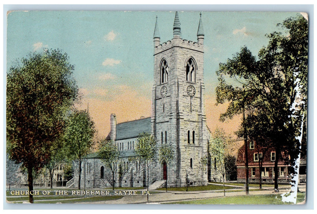 1912 Church Of The Redeemer Clock Chimney Stairs Sayre Pennsylvania PA Postcard