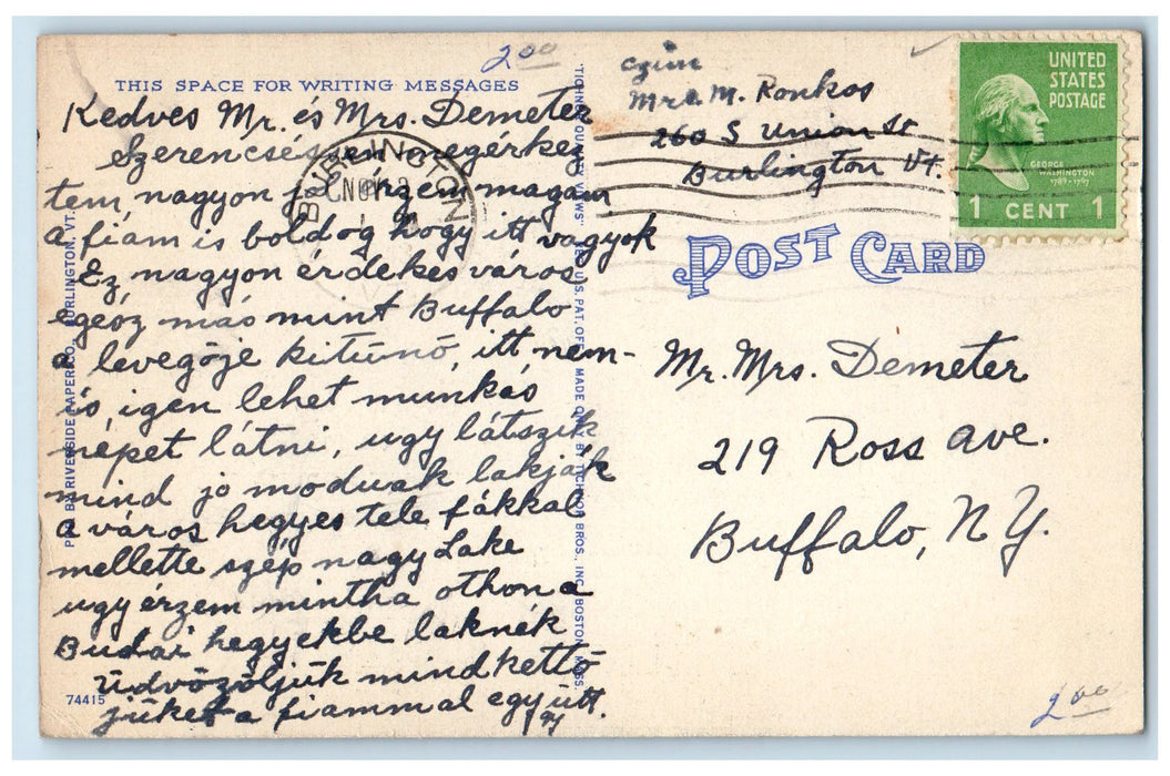 1943 Cathedral Of Immaculate Conception Church Burlington Vermont VT Postcard