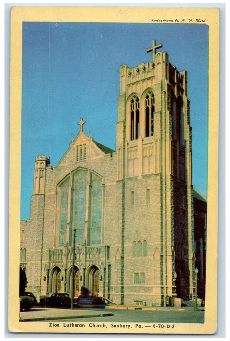 c1950 Zion Lutheran Church Tower Cross Entrance Classic Cars Sunbury PA Postcard