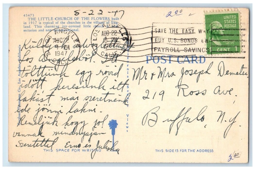 1947 The Little Church Of The Flowers Chapel Lawn Forest Glendale CA Postcard
