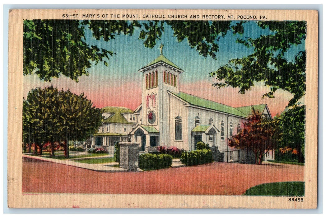 c1950's Mary's Of The Mount Catholic Church Rectory Cross Mt. Pocono PA Postcard