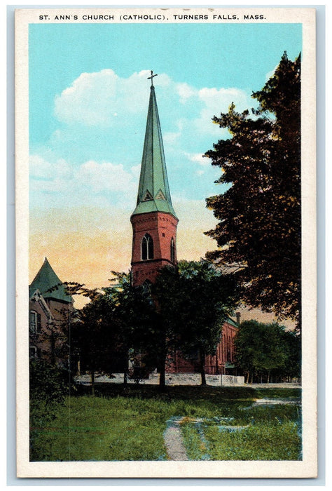 c1950 St. Ann's Church Catholic Tower Cross Dirt Road Turners Falls MA Postcard