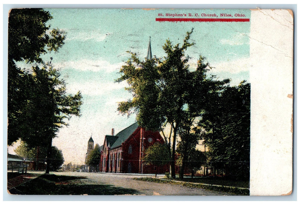 1908 St. Stephen's Roman Catholic Church Side View Dirt Road Niles OH Postcard