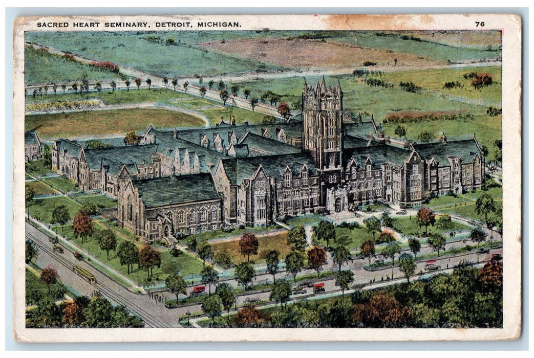 1927 Sacred Heart Seminary Church Aerial View Roadside Trees Detroit MI Postcard