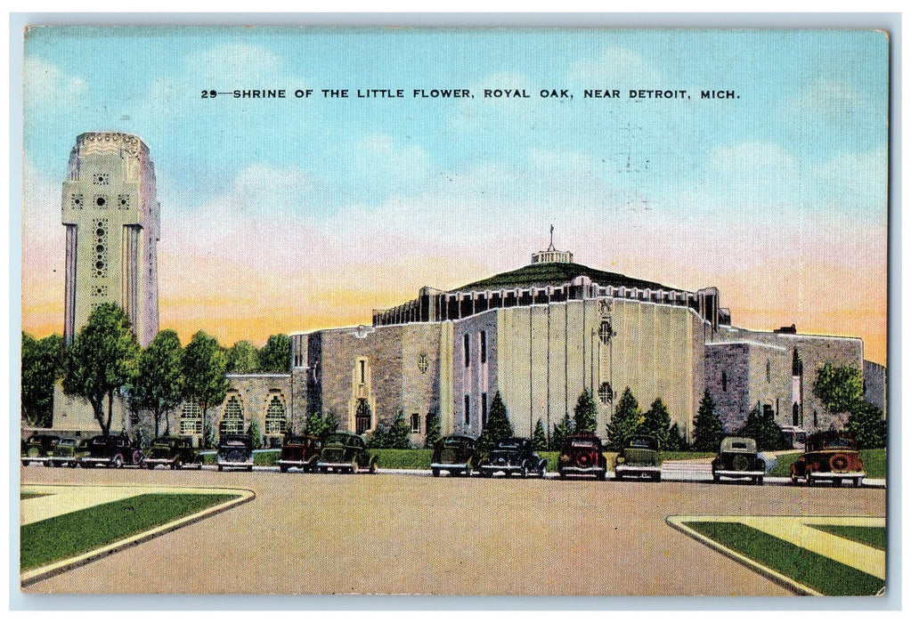 1936 Shrine Of The Little Flower Tower Cross Classic Cars Royal Oak MI Postcard