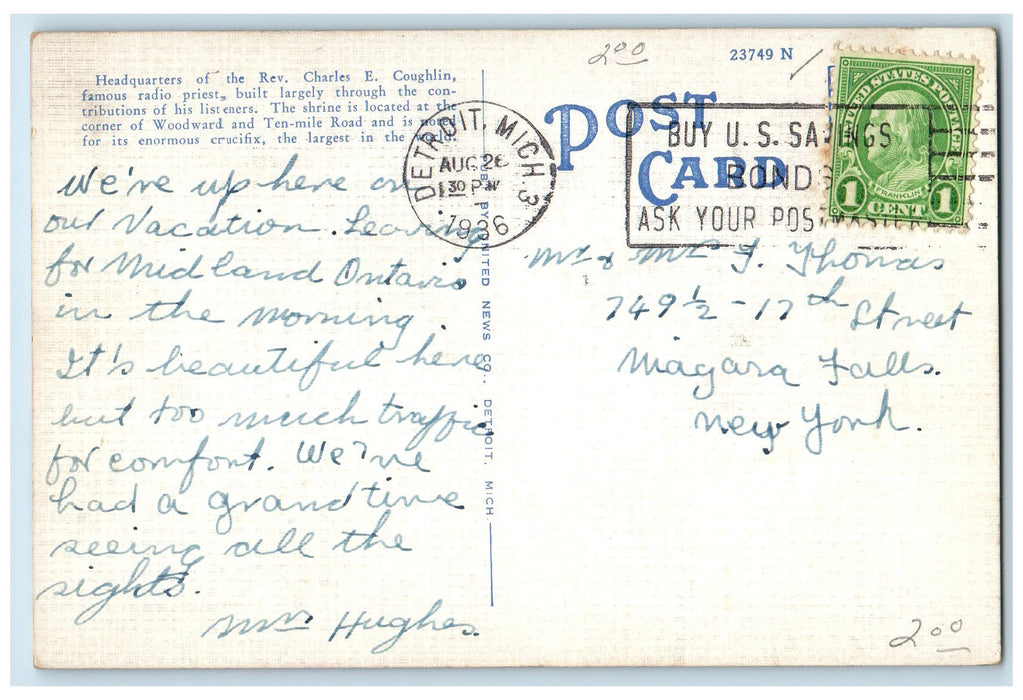 1936 Shrine Of The Little Flower Tower Cross Classic Cars Royal Oak MI Postcard