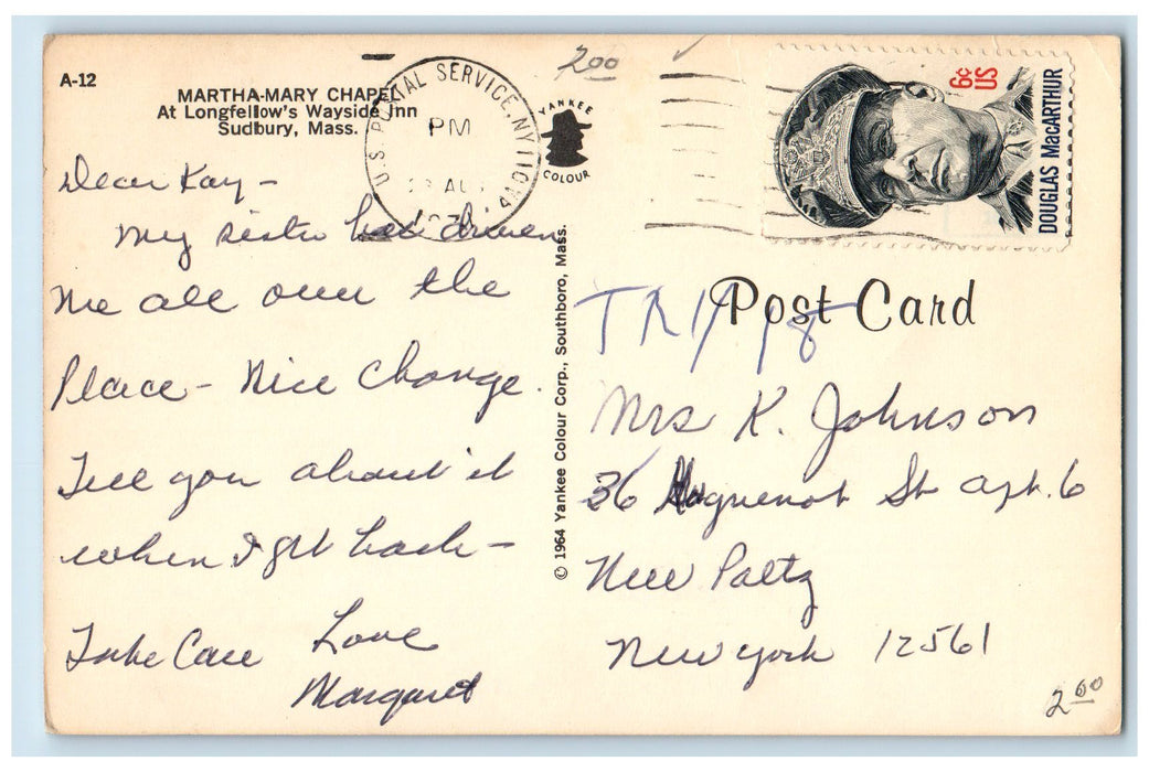 1971 Martha Mary Chapel Church Path Longfellow's Wayside Inn Sudbury MA Postcard