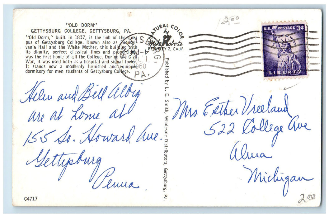 1960 Old Dorm Gettysburg College Gettysbyurg Pennsylvania PA Posted Postcard