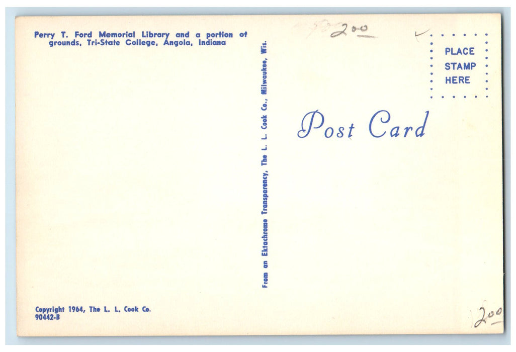 c1960s Peery T. Ford Memorial Library Tri-State College Angola Indiana Postcard