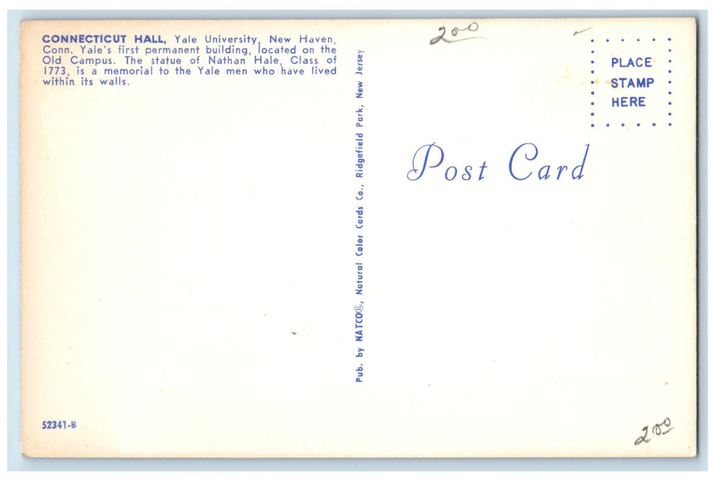 c1960's Connecticut Hall Yale University New Haven Connecticut Unposted Postcard