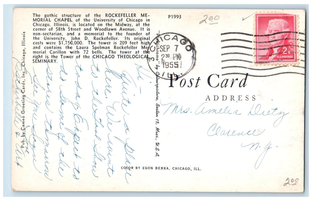 1955 Rockfeller Memorial Chapel University Chicago Illinois IL Posted Postcard