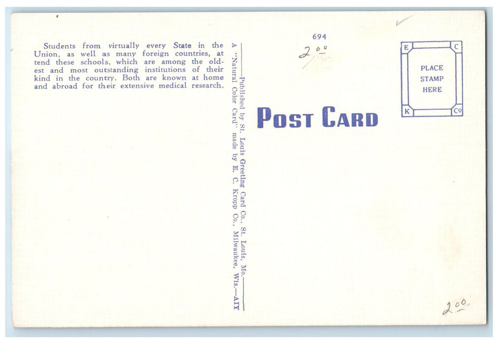c1940's St. Louis University Medical And Dental Schools St. Louis MO Postcard