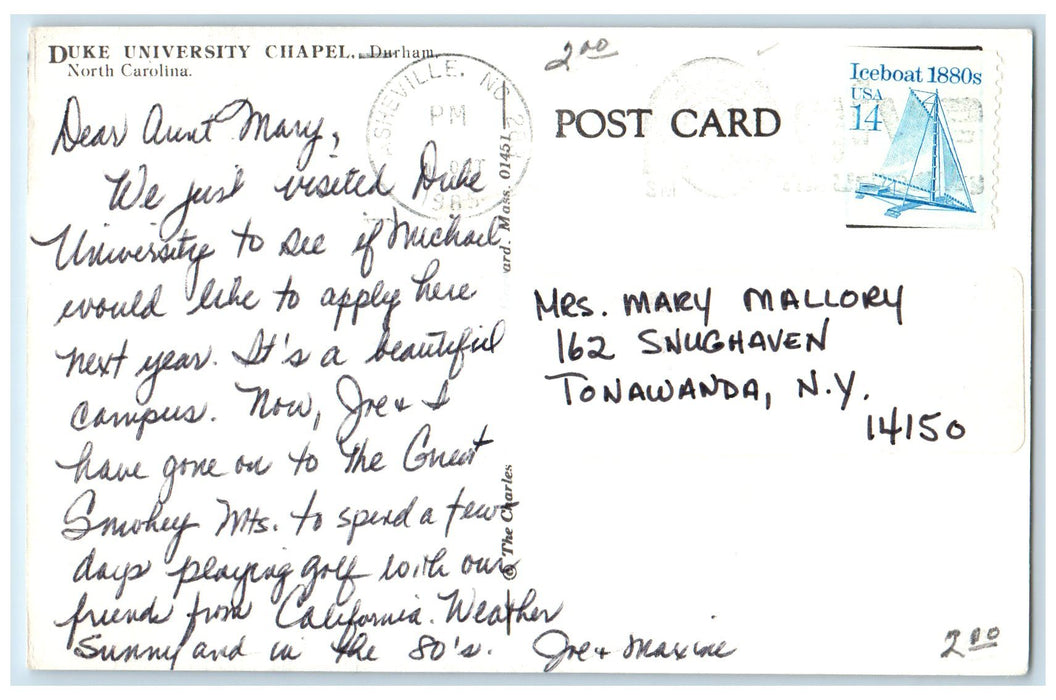 1985 Duke University Chapel Sketch Darhum North Carolina NC Posted Postcard