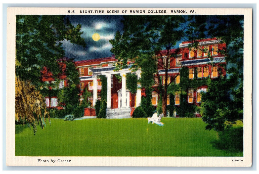 c1940's Night Time Scene Of Marion College Marion Virginia VA Unposted Postcard