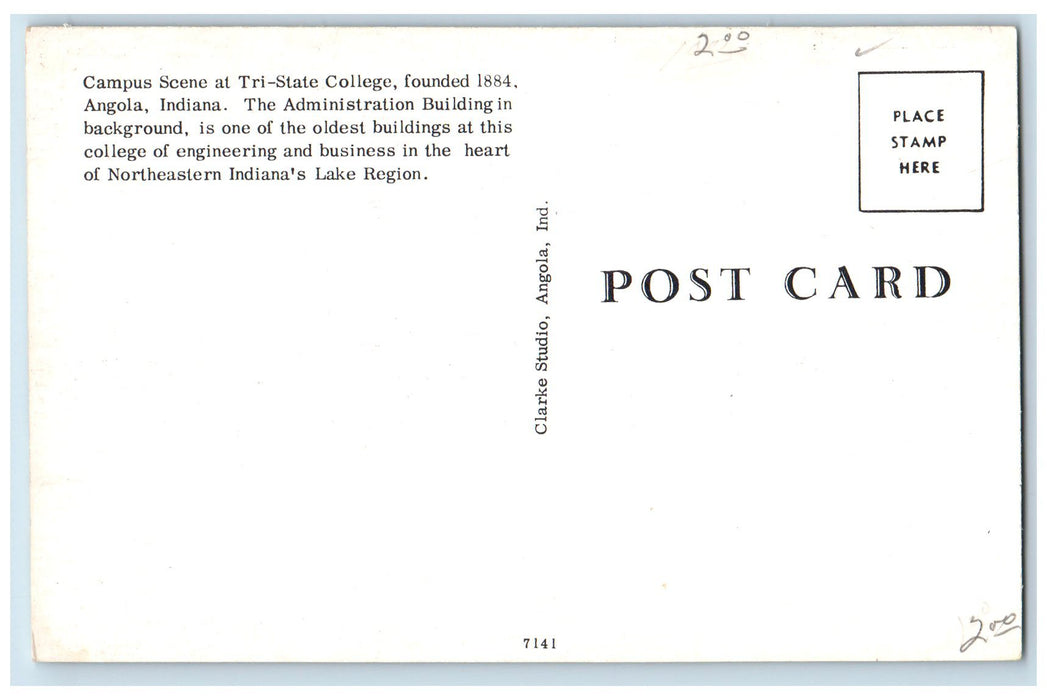 c1960s Campus Scene Administration Building Tri-State College Angola IN Postcard