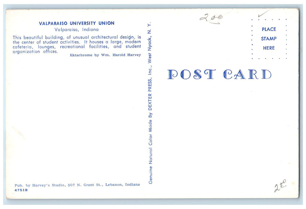 c1960's Valparaiso University Union Valparaiso IN Unposted Victory Bell Postcard