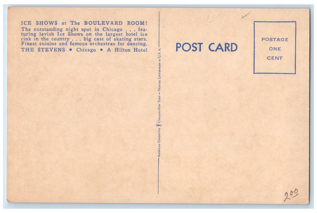 c1920's Ice Shows At The Boulevard Room A Hilton Hotel Chicago IL Postcard