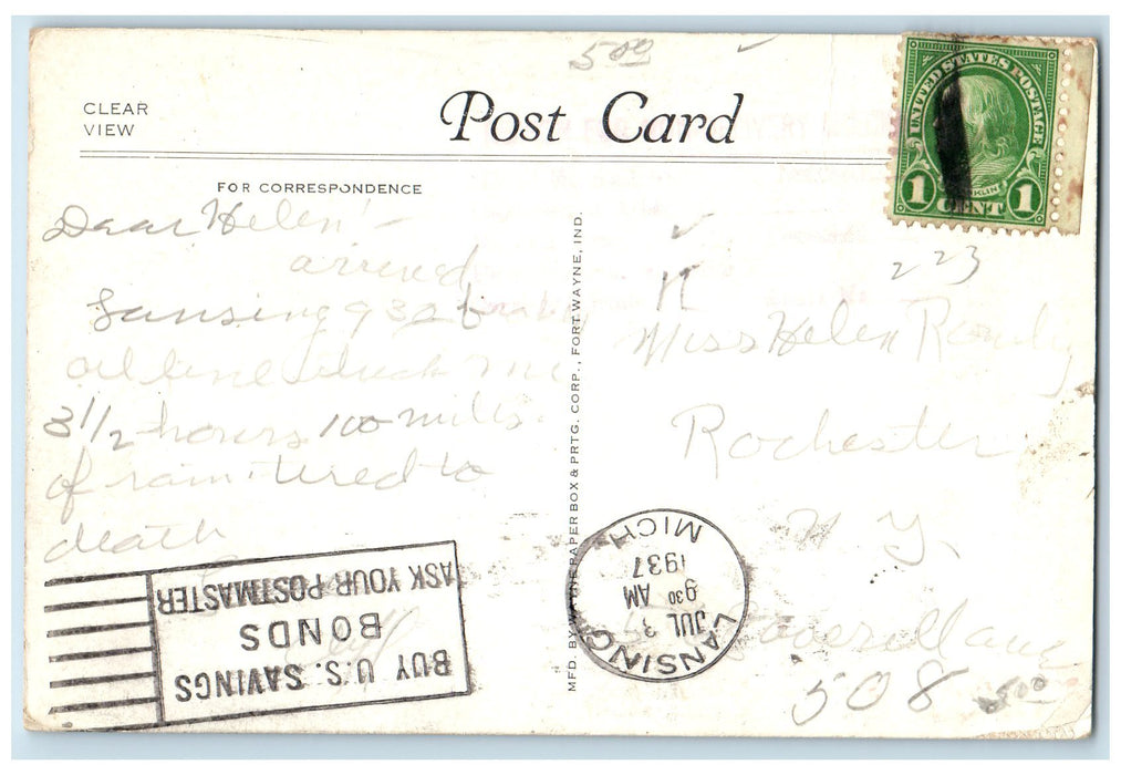 1937 State Capitol Building Scene Lansing Michigan MI Posted Vintage Postcard