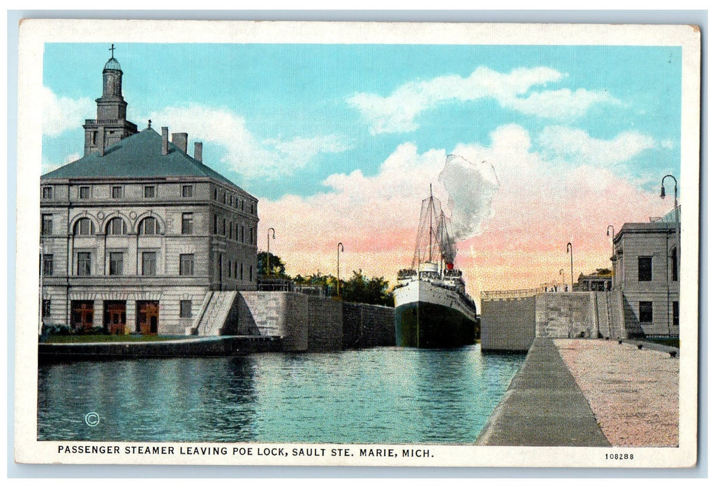 c1920's Passenger Steamer Leaving Poe Lock Sault Ste Marie Michigan MI Postcard