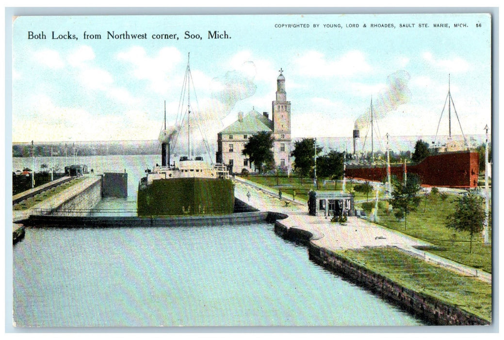 c1910's Both Locks From Northwest Corner Soo Michigan MI Unposted Boats Postcard
