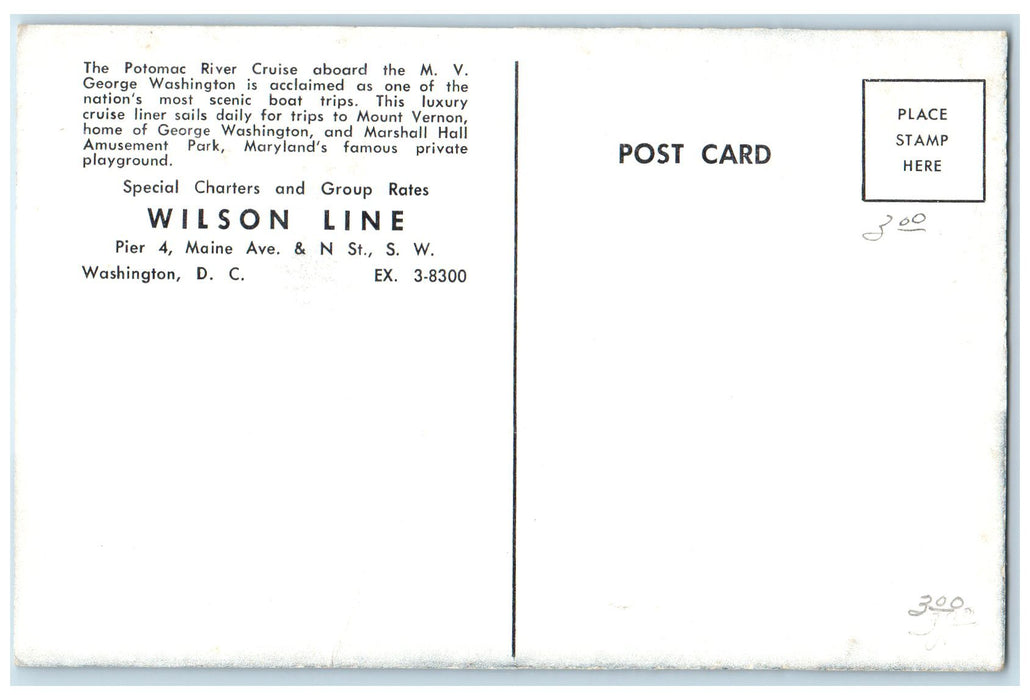 c1960's The Potamic River Cruise George Washington Wilson Line W. DC Postcard