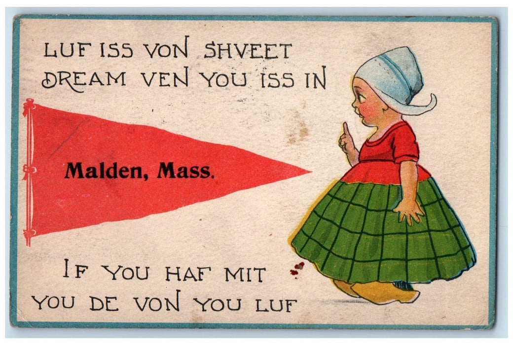 1913 Pennant Dutch Kids Girl Greetings From Malden Massachusetts MA Postcard