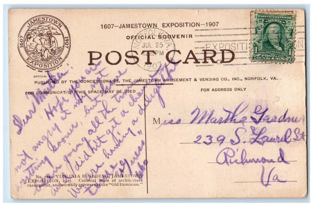 1907 Virginia Building James Exposition 1907 Virginia Posted Vintage Postcard