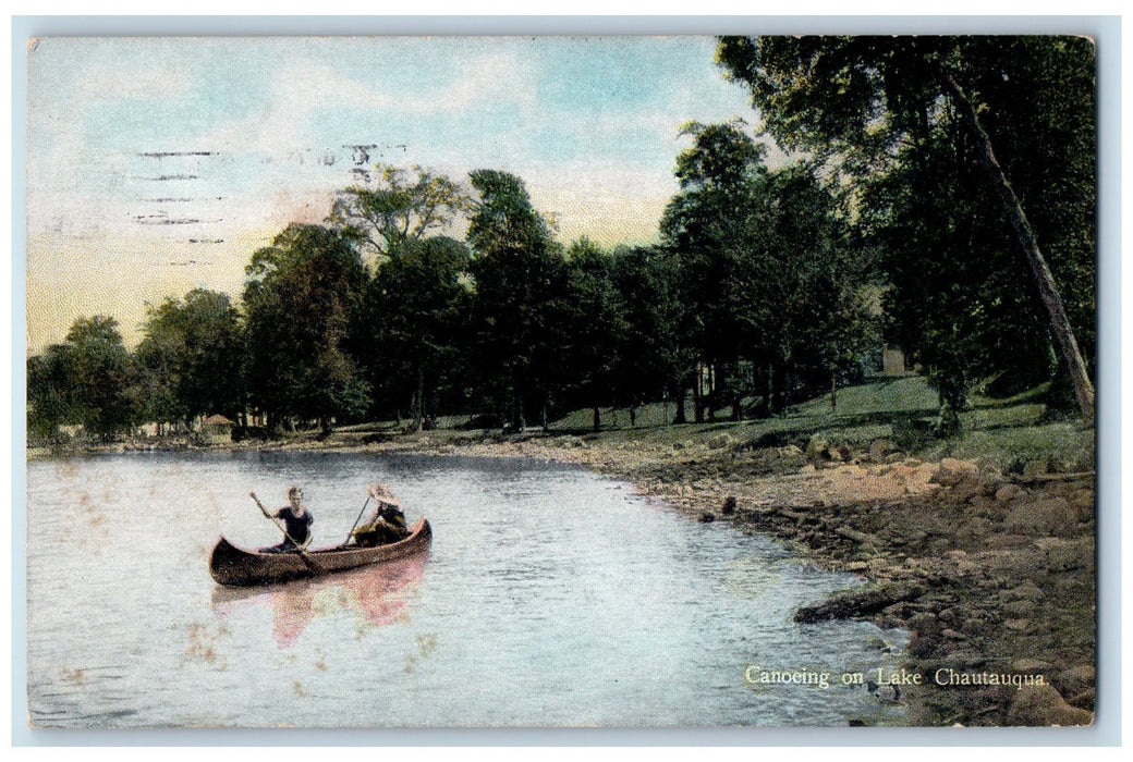1912 Canoeing On Lake People In Boat Chautauqua New York Posted Vintage Postcard