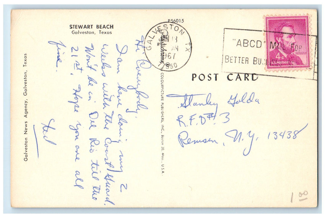 1967 Stewart Beach Tourist Swimming Umbrella Kids Galveston Texas TX Postcard