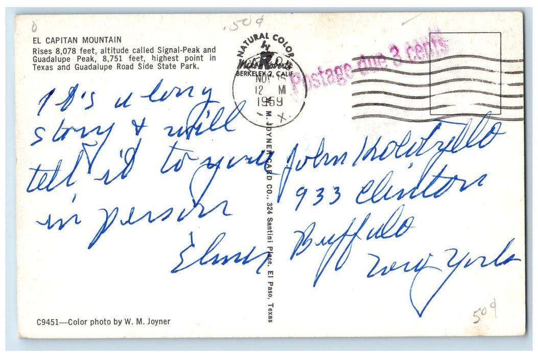 1959 El Capitan Mountain Highest Point Classic Cars Jeep Shade TX Postcard