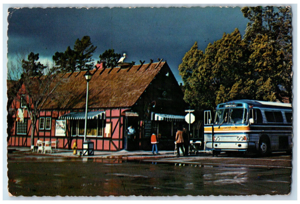 c1950's Rain Day In Solvang Restaurant Tour Bus Tourist California CA Postcard