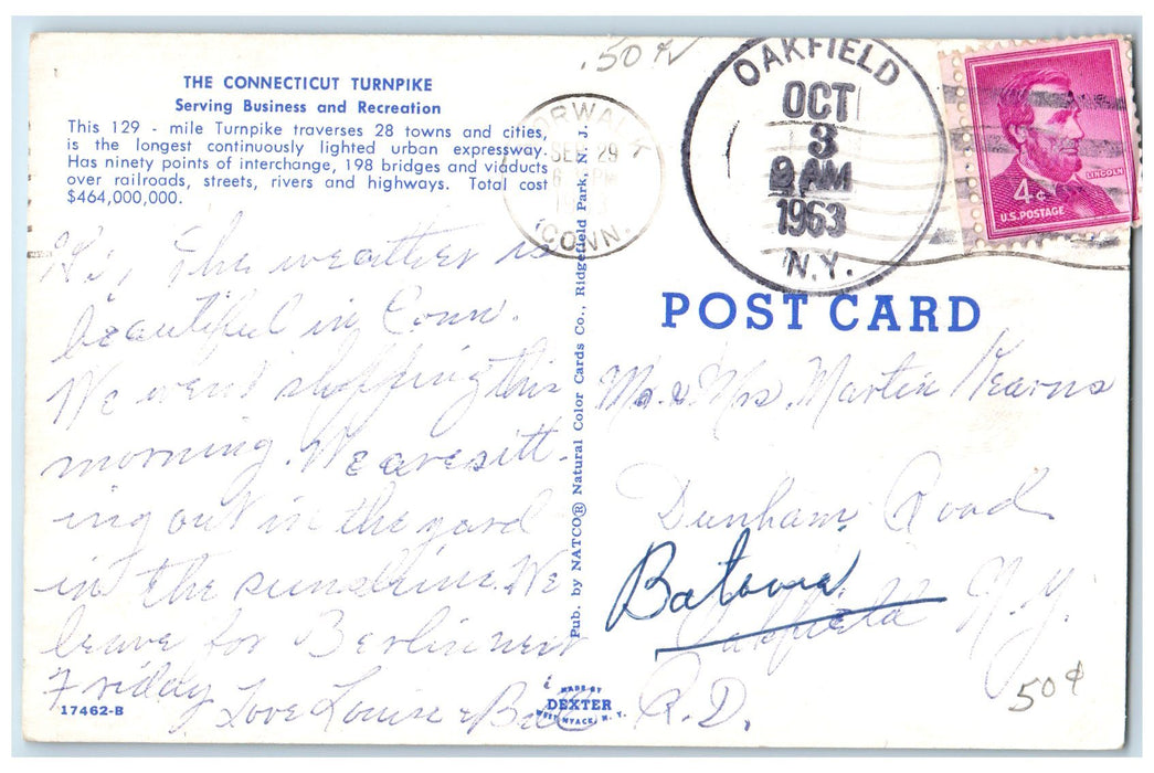 1963 The Connecticut Turnpike Business Recreation Highways Cars CT Postcard