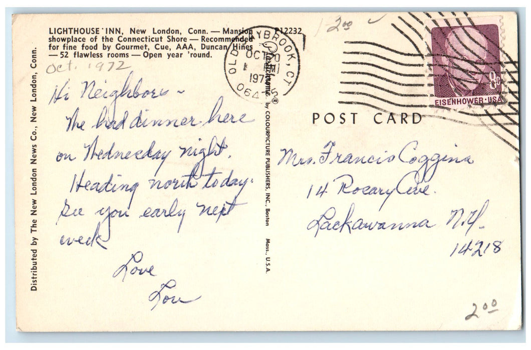 1972 Lighthouse Inn Mansion Showplace Entrance View New London CT Postcard