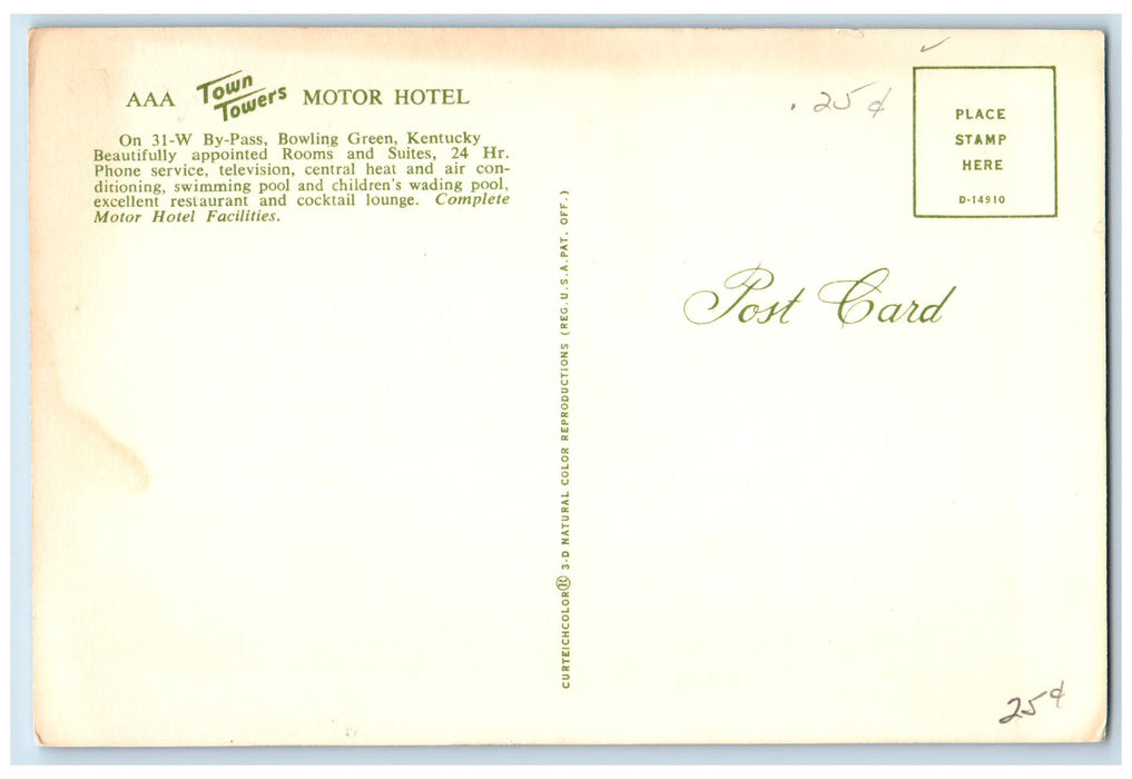 c1950 Town Towers Motor Hotel Restaurant Classic Cars Bowling Green KY Postcard