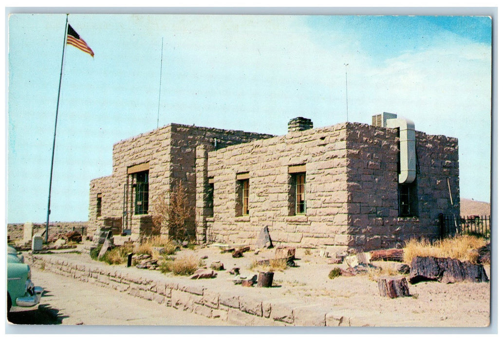 c1950 Museum Park American Flag Chimney Car Petrified Forest Arizona AZ Postcard