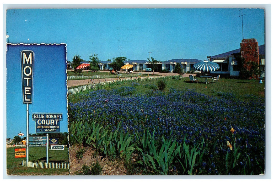 c1950 Bluebonnet Court Restaurant Lawn Umbrella Cottages Weatherford TX Postcard