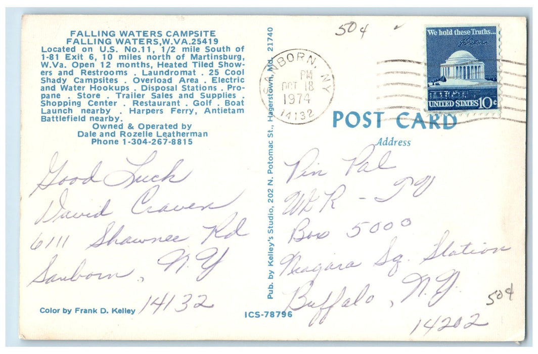 1974 Falling Waters Campsite View Campers Van Car Forest Tourist WV Postcard