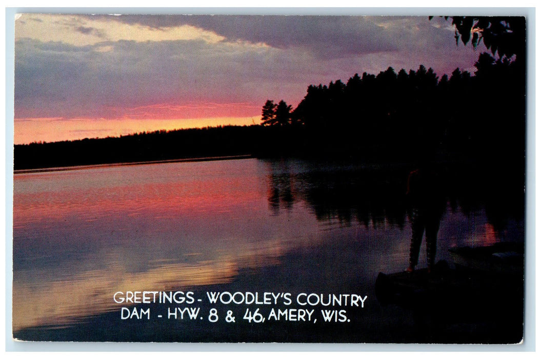 c1950's Greetings Woodley's Country Dam Sunset View Amery Wisconsin WI Postcard