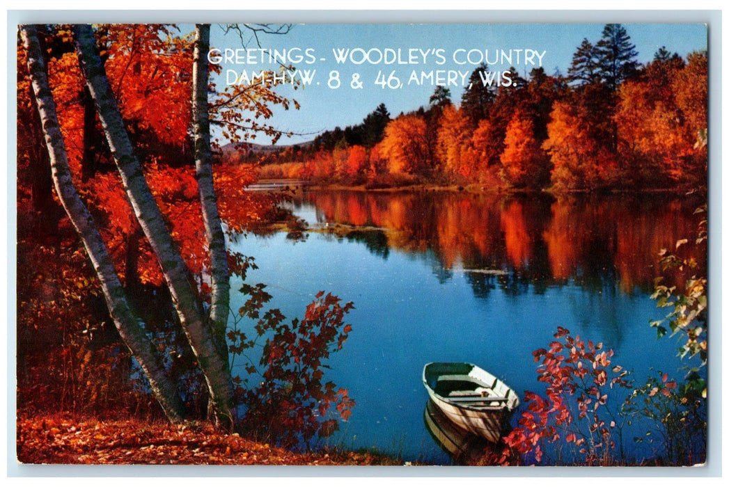 c1950 Greetings Woodley's Country Dam Boat Lake Sun Reflection Amery WI Postcard
